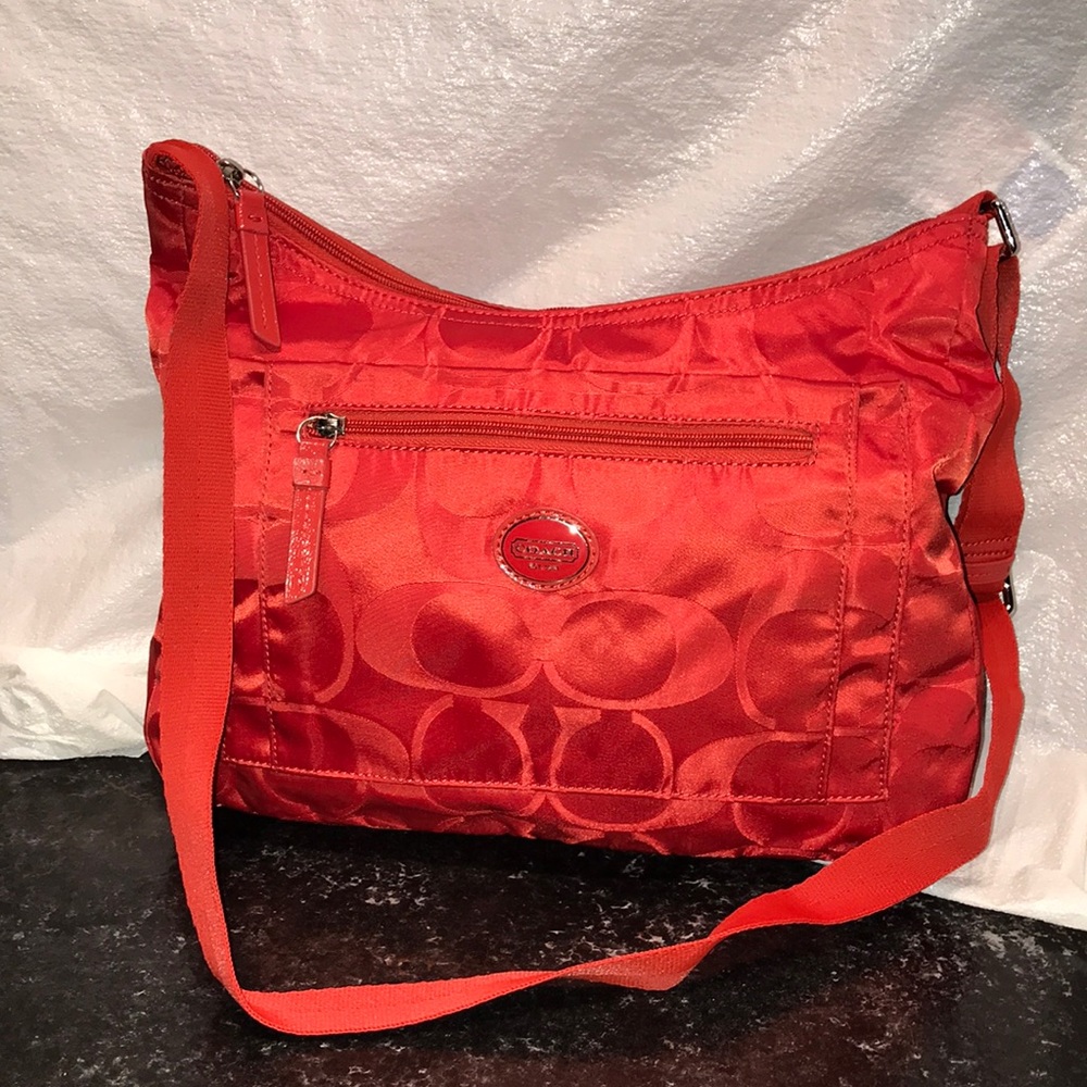 EUC Coach Signature Red Sateen Messenger Crossbody Shoulder Bag
